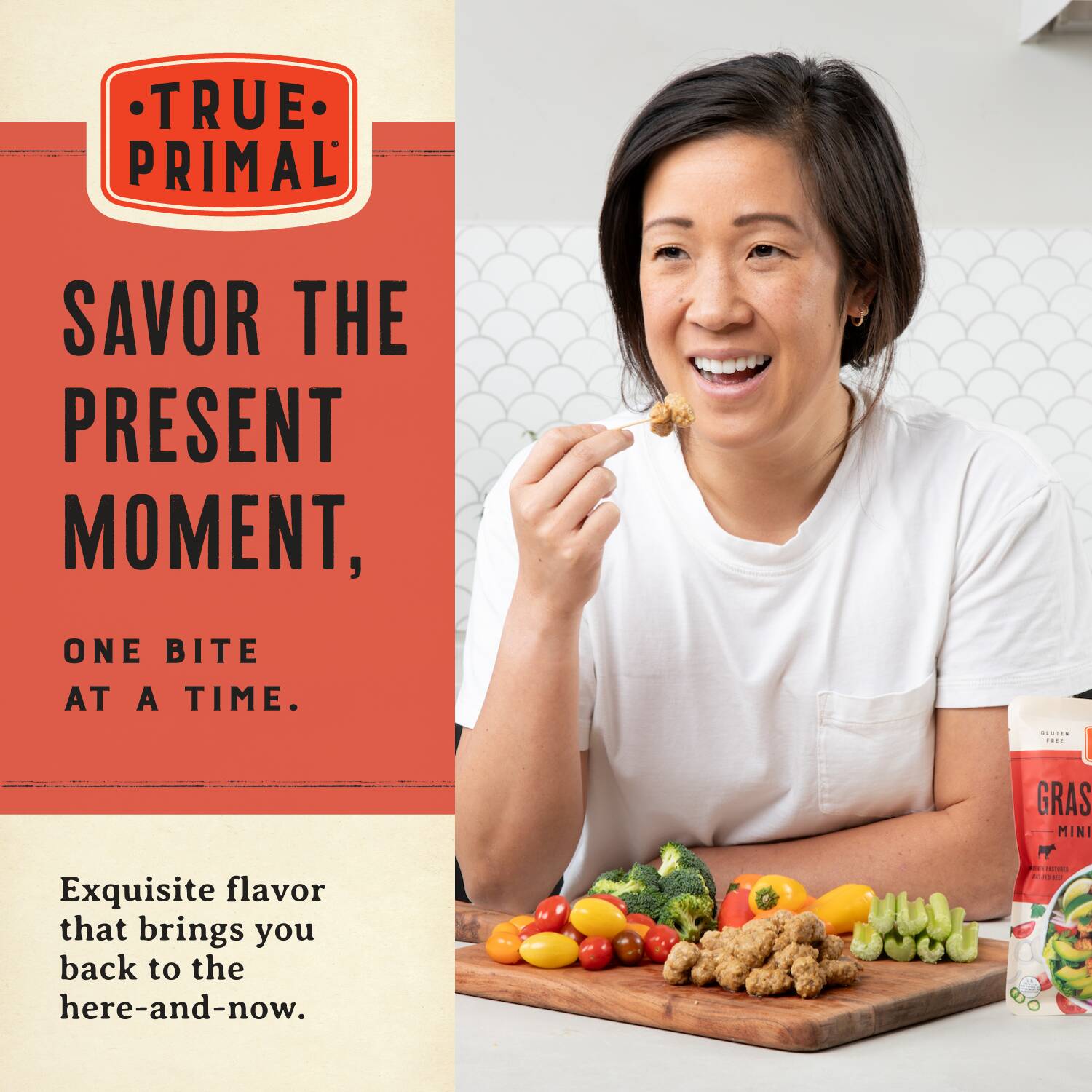 squeezing lime onto a salad, with text: Savor the present moment, one bite at a time. Exquisite flavor that brings you back to the here-and-now