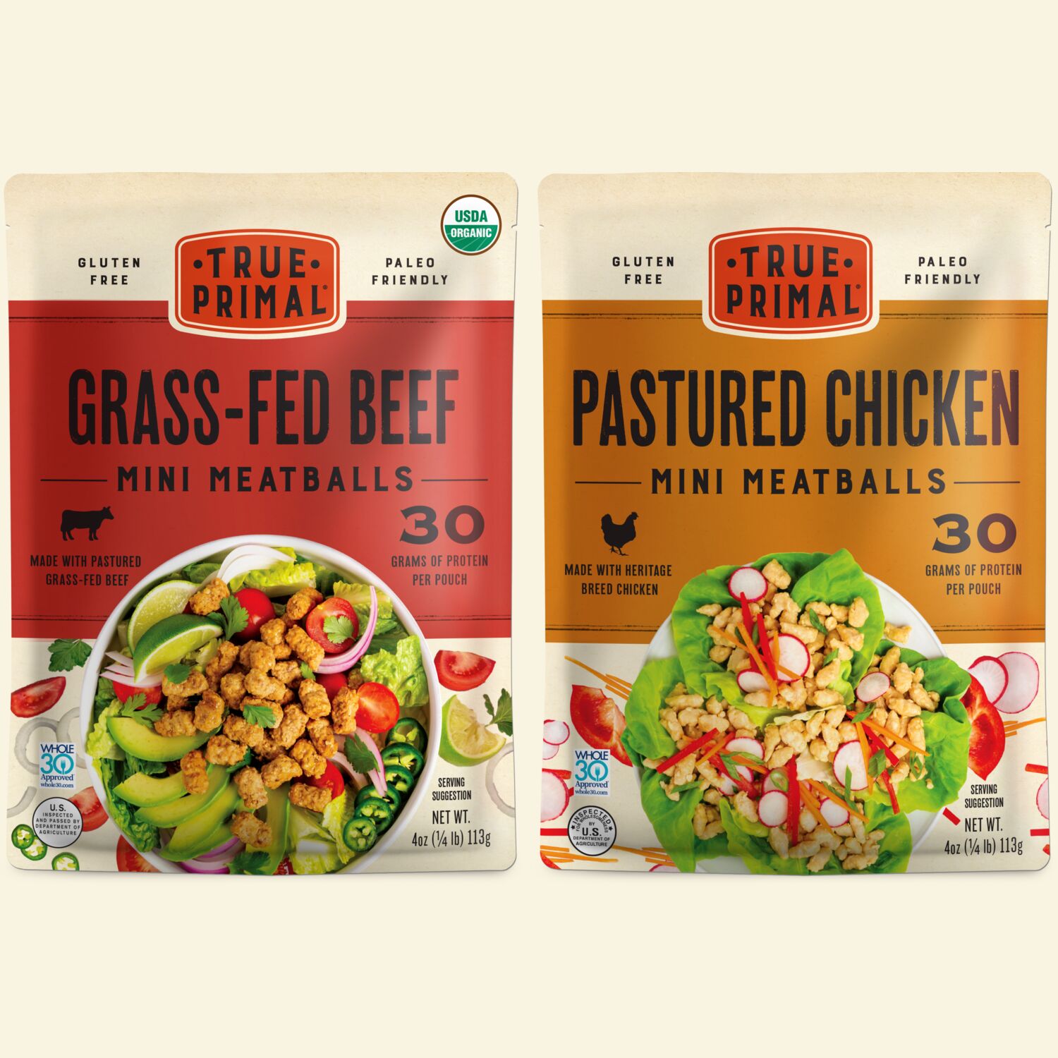 True Primal Mini Meatballs Variety Grass-fed Beef & Pastured Chicken pouch front