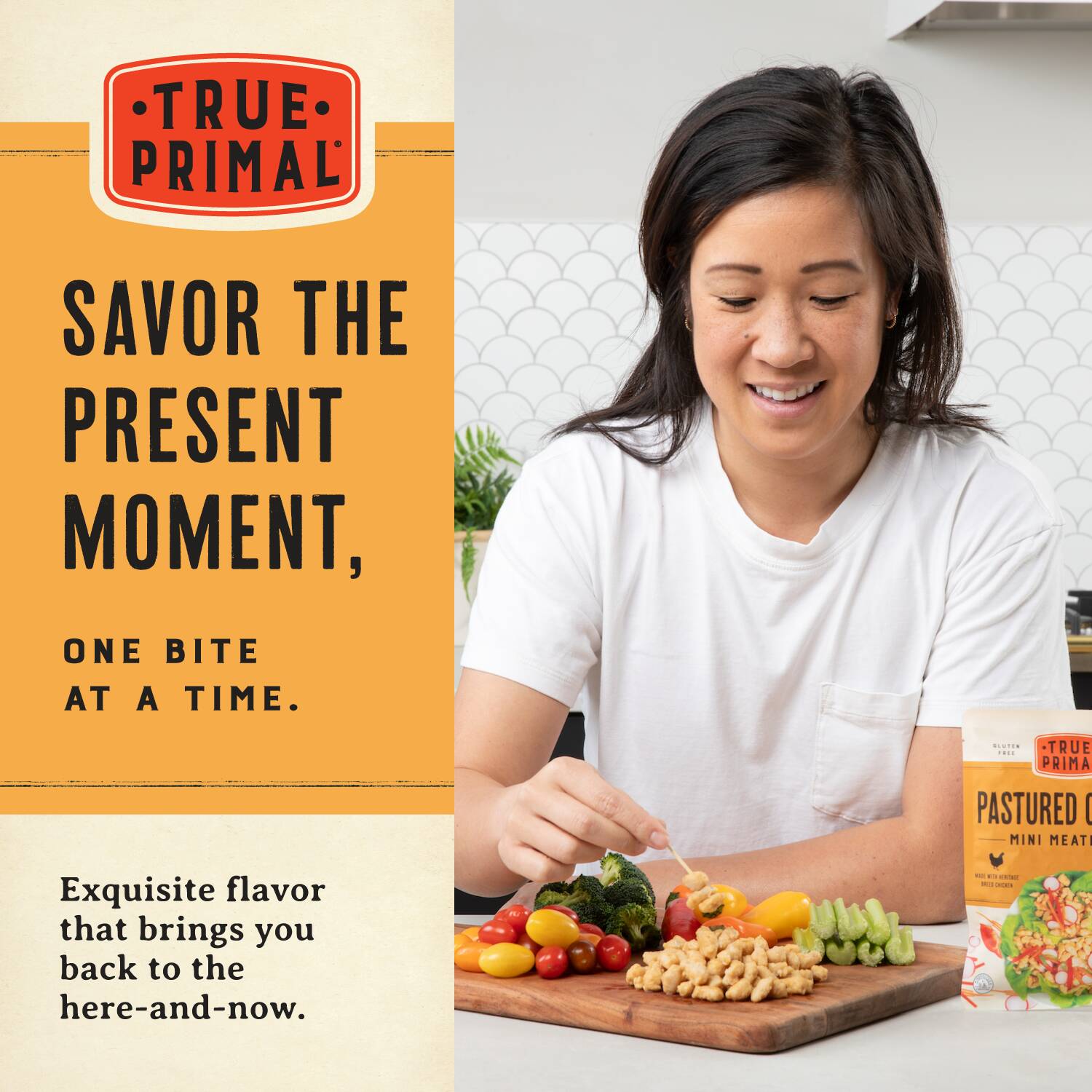 sprinkling chives onto lettuce wraps, with text: Savor the present moment, one bite at a time. Exquisite flavor that brings you back to the here-and-now
