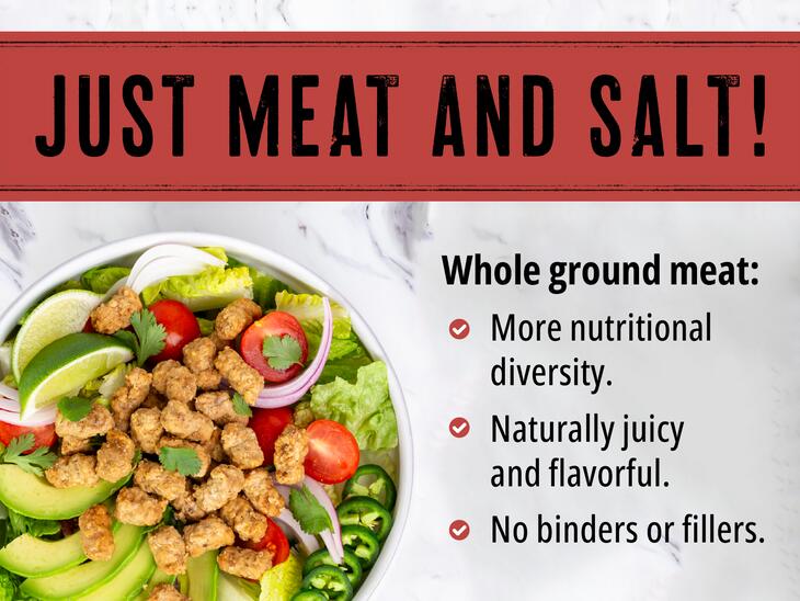 bowl of salad with beef mini meatballs and text saying just meat and salt