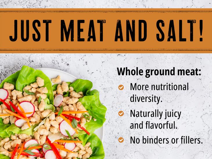 lettuce cups with chicken mini meatballs and text saying just meat and salt